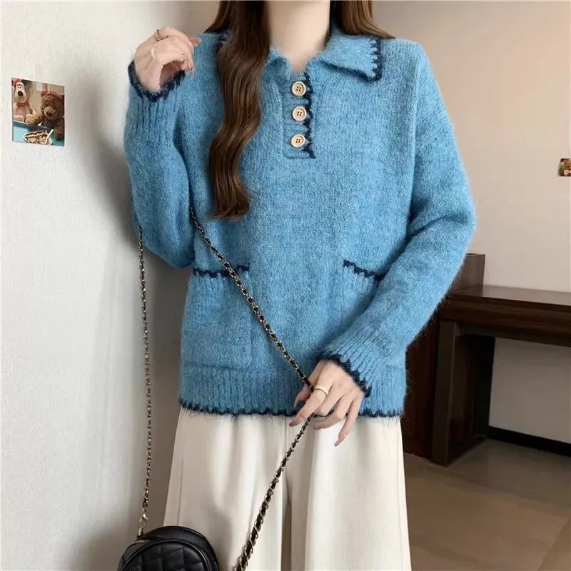 Oversized Drop-Shoulder Collared Knit Sweater