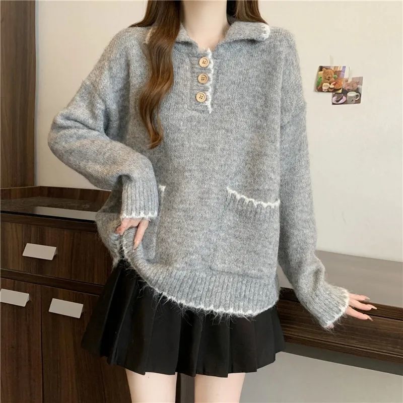 Oversized Drop-Shoulder Collared Knit Sweater