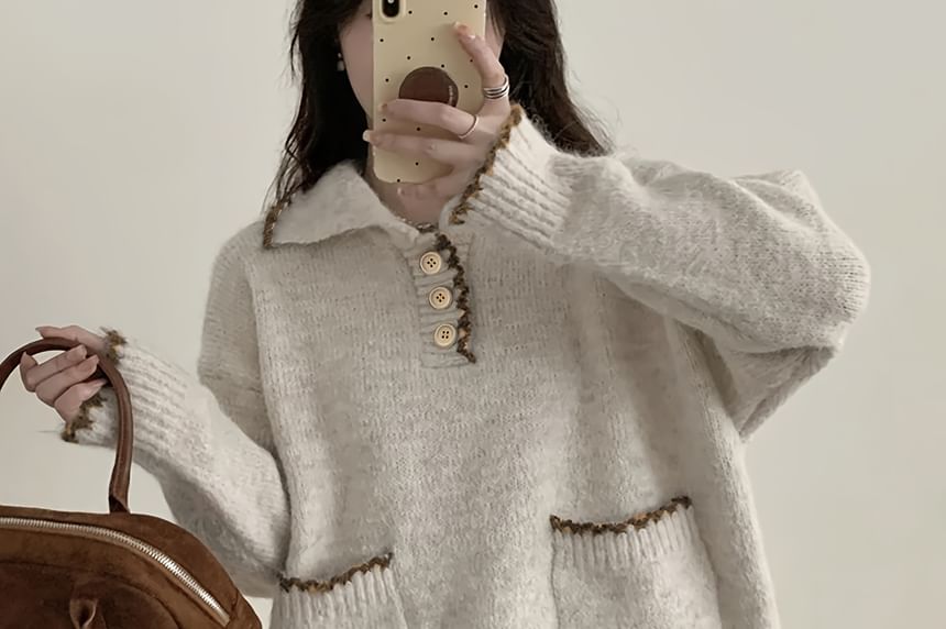 Oversized Drop-Shoulder Collared Knit Sweater