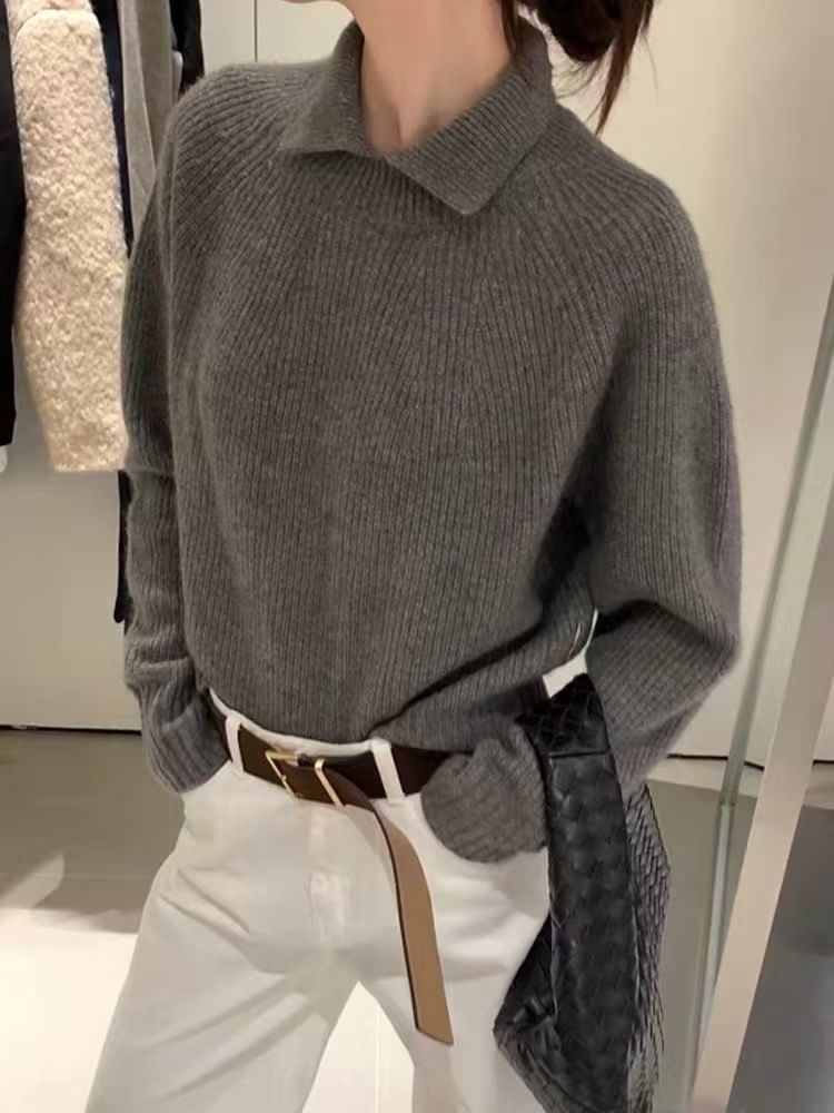 Ribbed Collared Knit Sweater