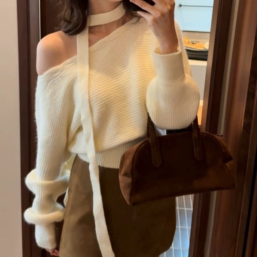 Asymmetric One-Shoulder Ribbed Knit Sweater
