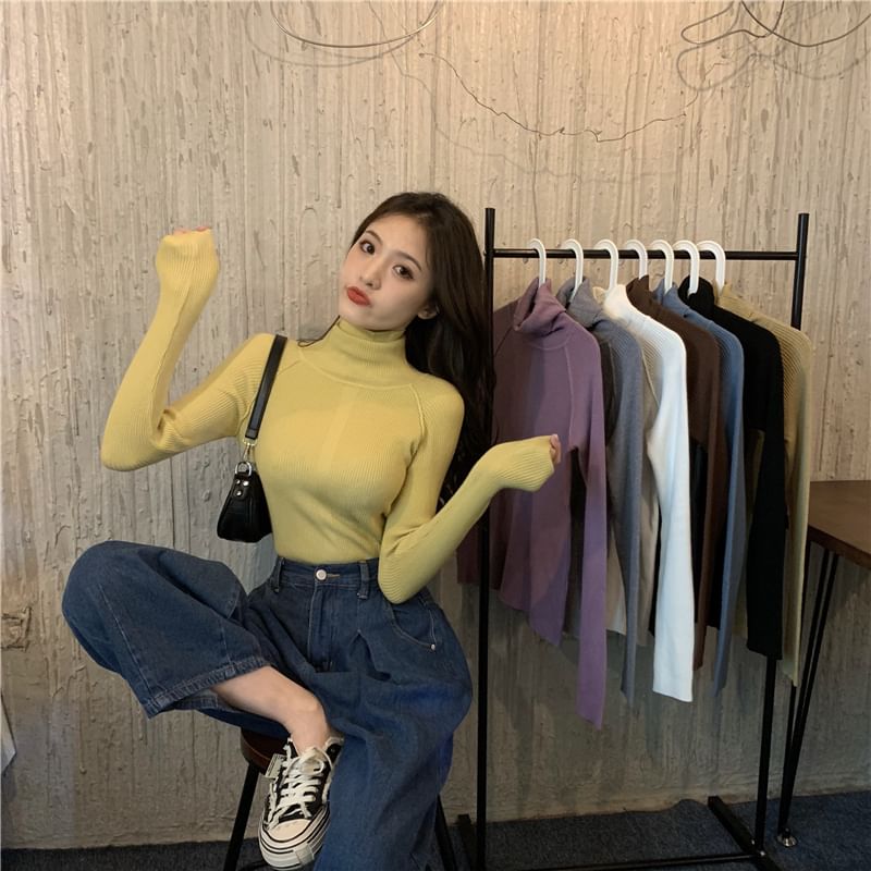 Turtleneck Ribbed Long Sleeve Knit Top