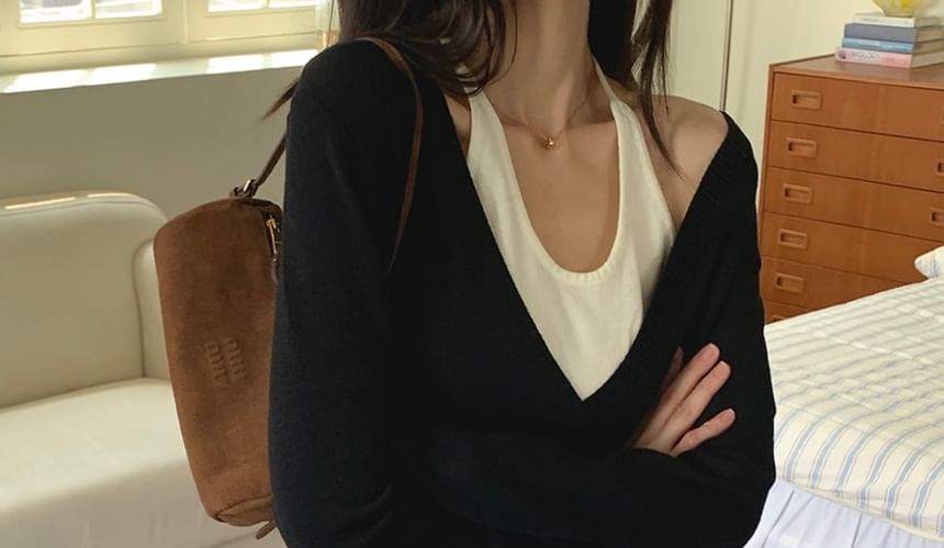 Halter Mock Two-Piece Long Sleeve Knit Top