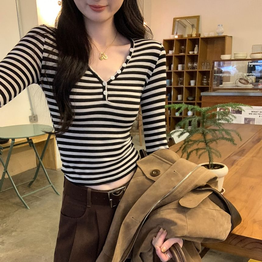 Striped Button-Front V-Neck Long Sleeve Tee
