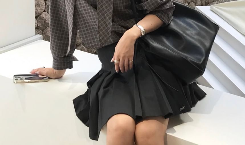 Tie-Neck Plaid Long-Sleeve Shirt