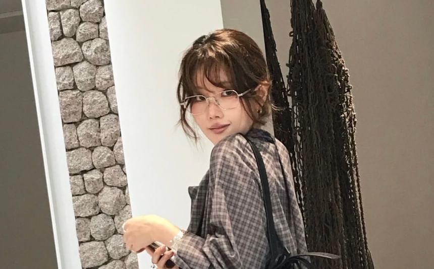 Tie-Neck Plaid Long-Sleeve Shirt