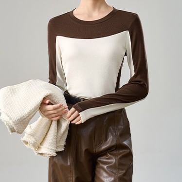 Two-Tone Crew Neck Fitted Long-Sleeve Top