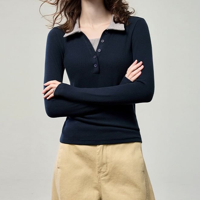 Collared Two-Tone Mock Two-Piece Fitted Top