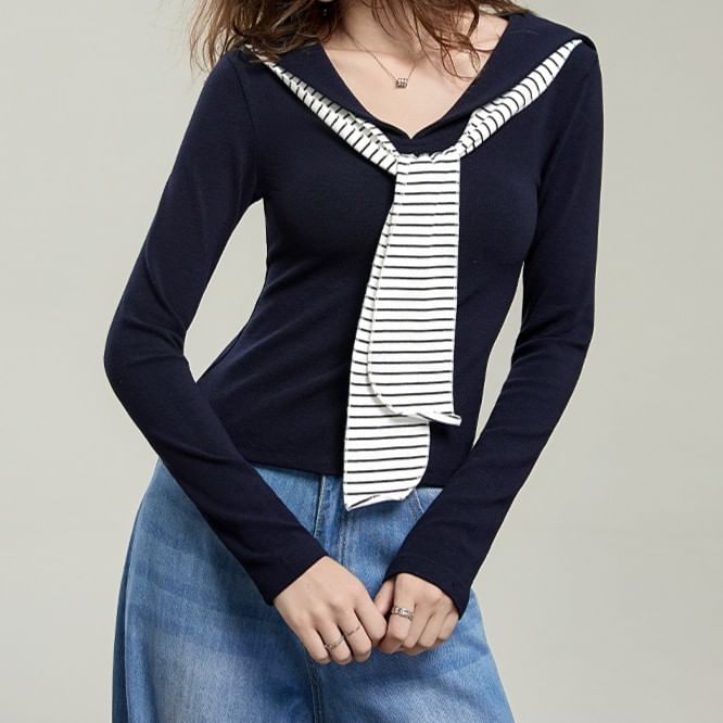 Sailor Collar Stripe Panel Fitted Shirt