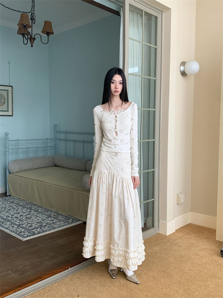 Lace Long Sleeve Top with High-Waist Maxi Skirt