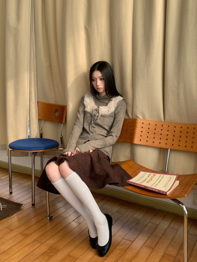 Two-Piece Fleece Panel Long Sleeve Knit Top