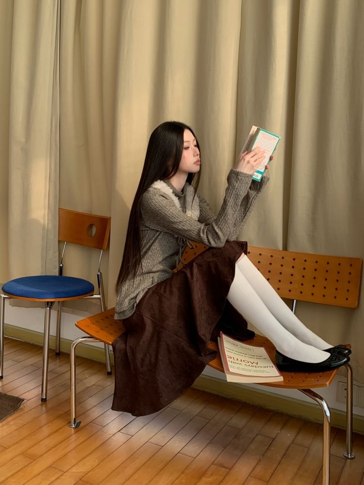 Two-Piece Fleece Panel Long Sleeve Knit Top