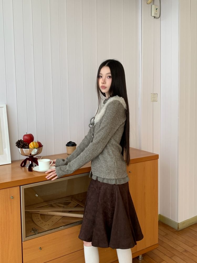Two-Piece Fleece Panel Long Sleeve Knit Top