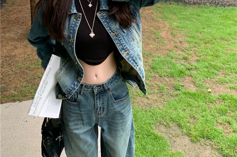 Washed Denim Shirt and Low-Rise Wide-Leg Jeans