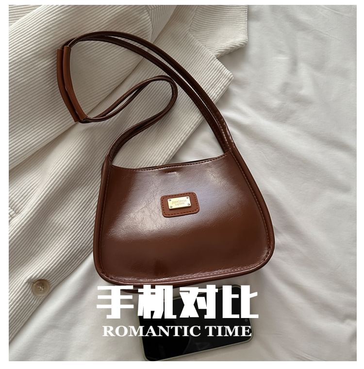 Faux Leather Metal Plaque Shoulder Bag