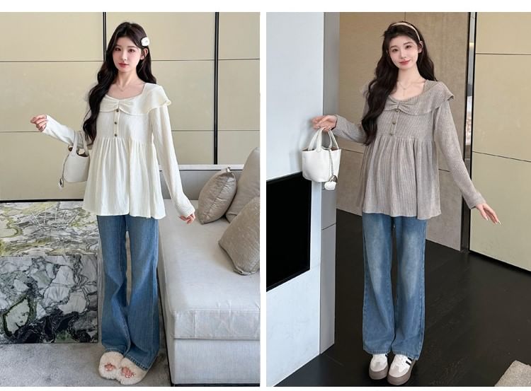 Maternity Square Neck Peplum Ribbed Top with Buttons