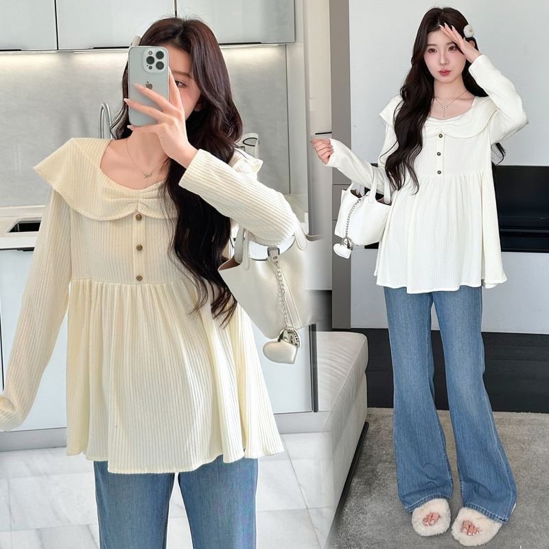 Maternity Square Neck Peplum Ribbed Top with Buttons