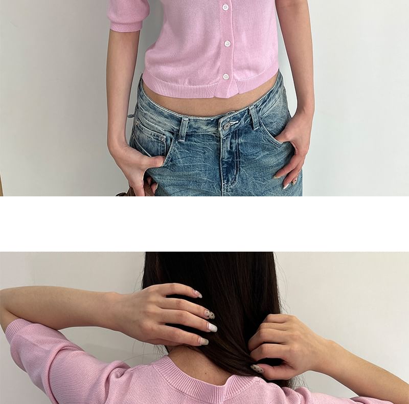 Elbow-Sleeve Crew Neck Button-Up Plain Crop Cardigan