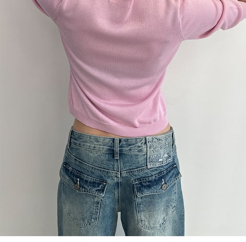 Elbow-Sleeve Crew Neck Button-Up Plain Crop Cardigan