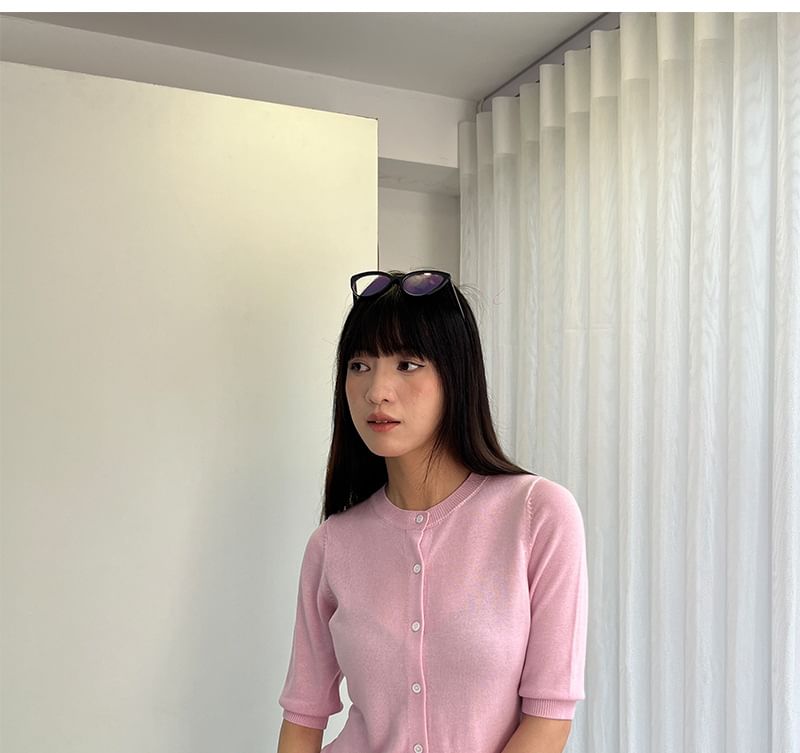 Elbow-Sleeve Crew Neck Button-Up Plain Crop Cardigan