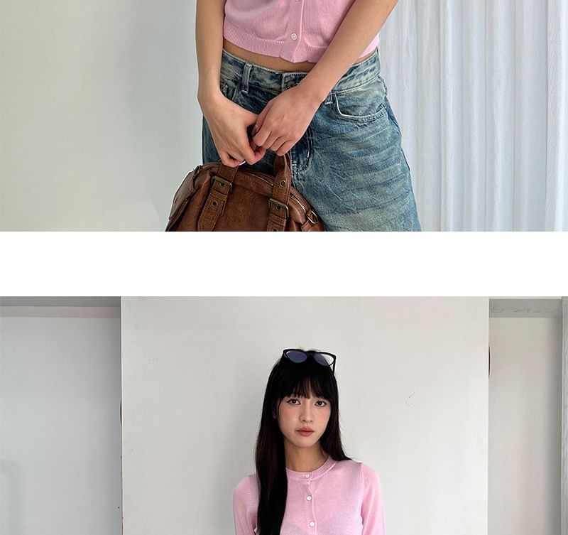 Elbow-Sleeve Crew Neck Button-Up Plain Crop Cardigan