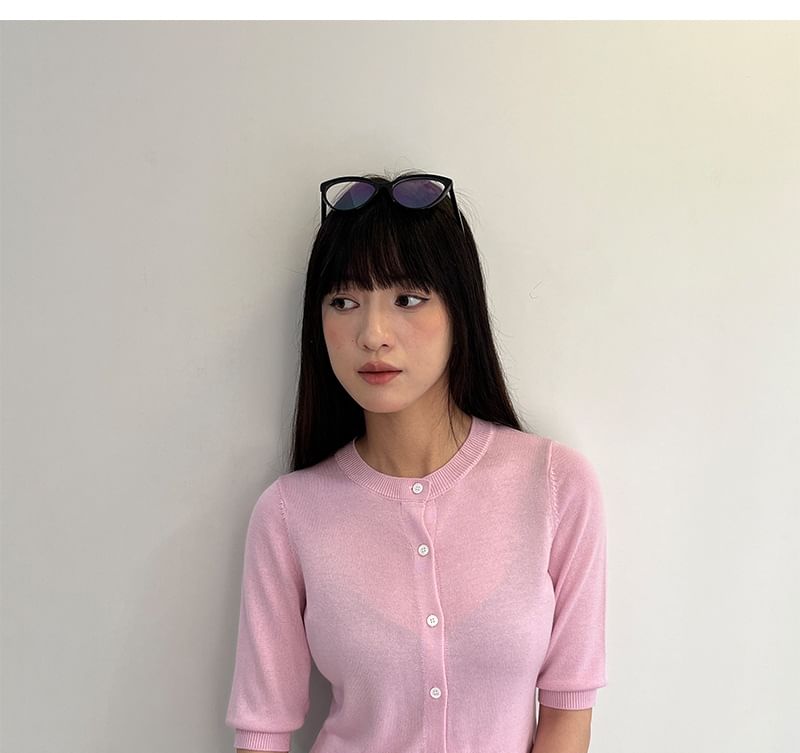 Elbow-Sleeve Crew Neck Button-Up Plain Crop Cardigan