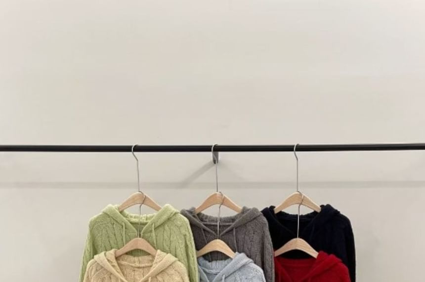 Plain Hooded Cable-Knit Zip Cardigan