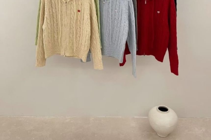 Plain Hooded Cable-Knit Zip Cardigan