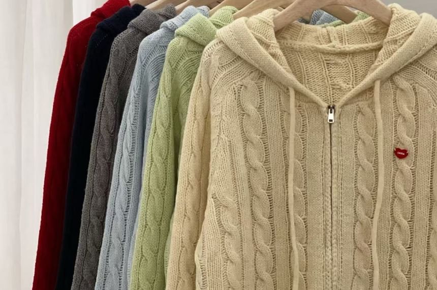 Plain Hooded Cable-Knit Zip Cardigan