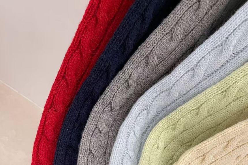Plain Hooded Cable-Knit Zip Cardigan