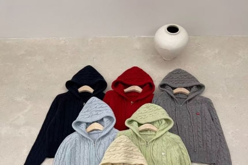 Plain Hooded Cable-Knit Zip Cardigan