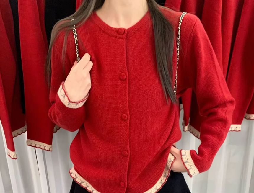Crew Neck Plain Ruffle Cardigan
