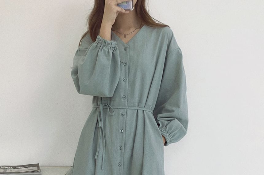 Puff-Sleeve V-Neck Plain Maxi Smock Dress