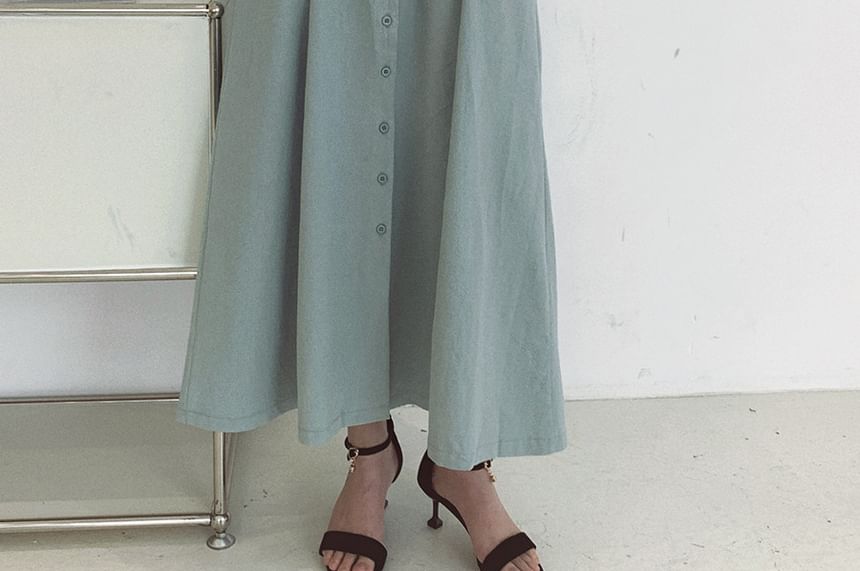 Puff-Sleeve V-Neck Plain Maxi Smock Dress