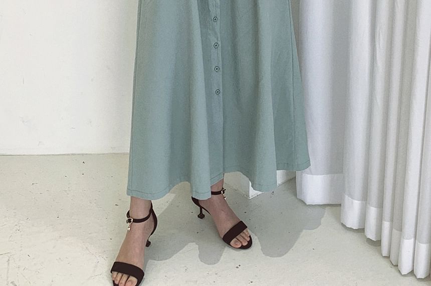 Puff-Sleeve V-Neck Plain Maxi Smock Dress