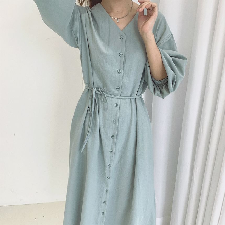 Puff-Sleeve V-Neck Plain Maxi Smock Dress