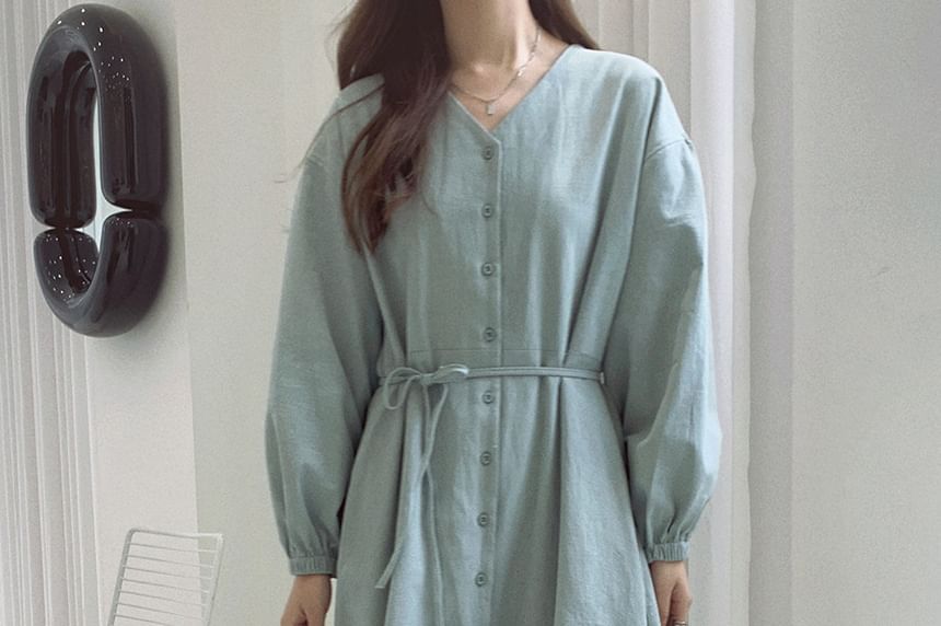 Puff-Sleeve V-Neck Plain Maxi Smock Dress