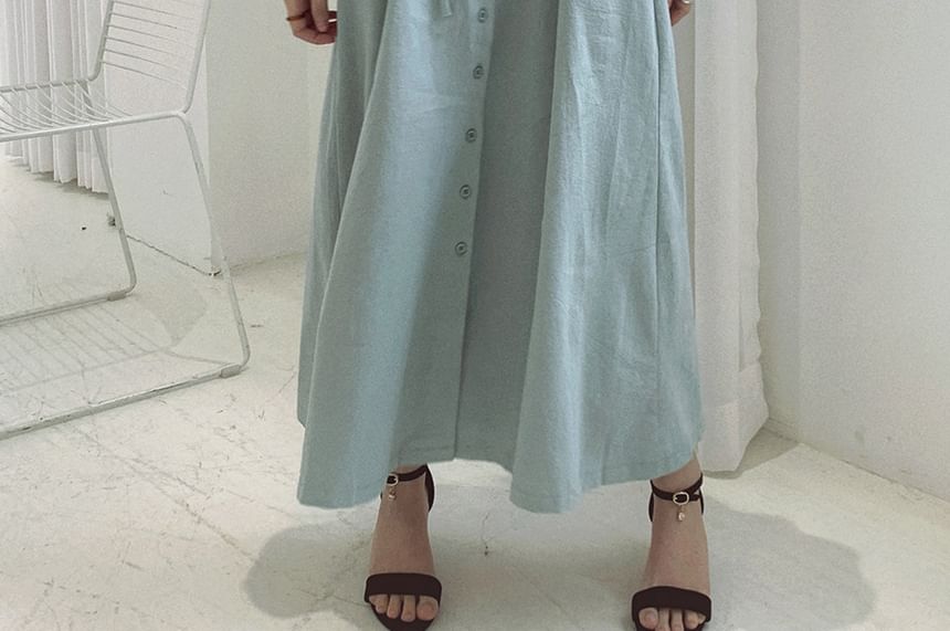 Puff-Sleeve V-Neck Plain Maxi Smock Dress