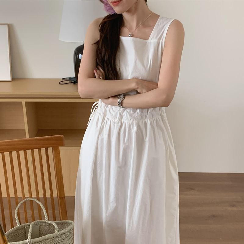 Sleeveless Square Neck Plain Drawstring Maxi Sundress