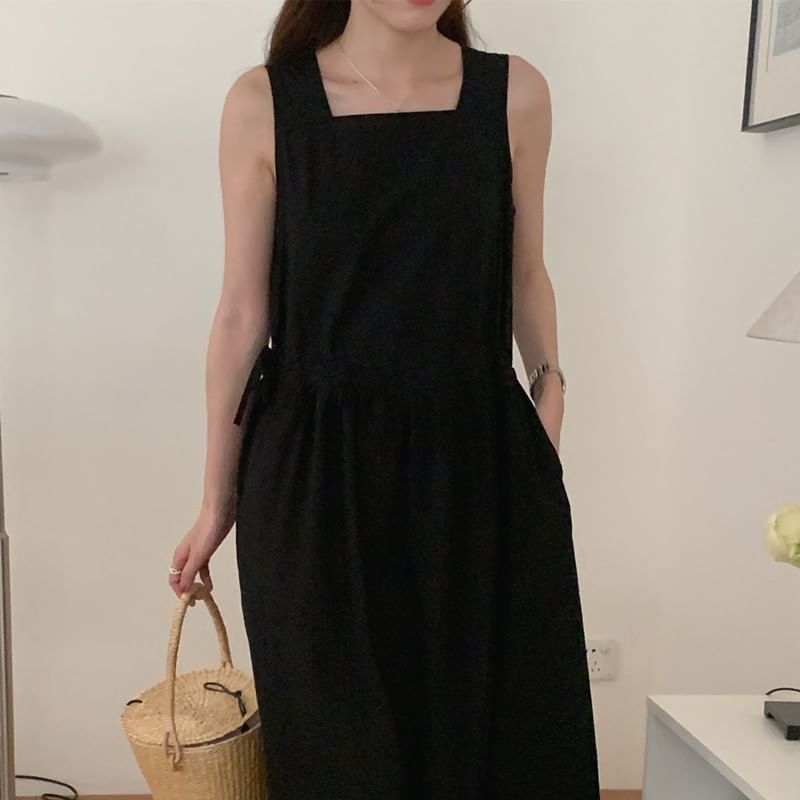 Sleeveless Square Neck Plain Drawstring Maxi Sundress