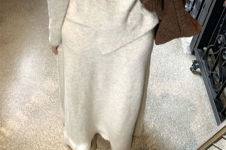 V-Neck Knit Top and Maxi A-Line Skirt Set with Scarf
