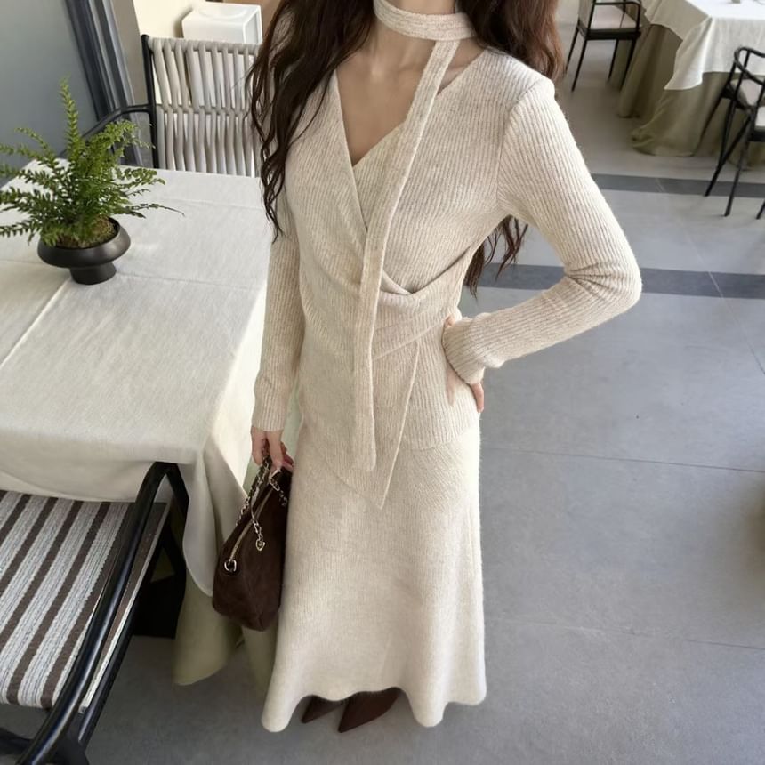 V-Neck Knit Top and Maxi A-Line Skirt Set with Scarf