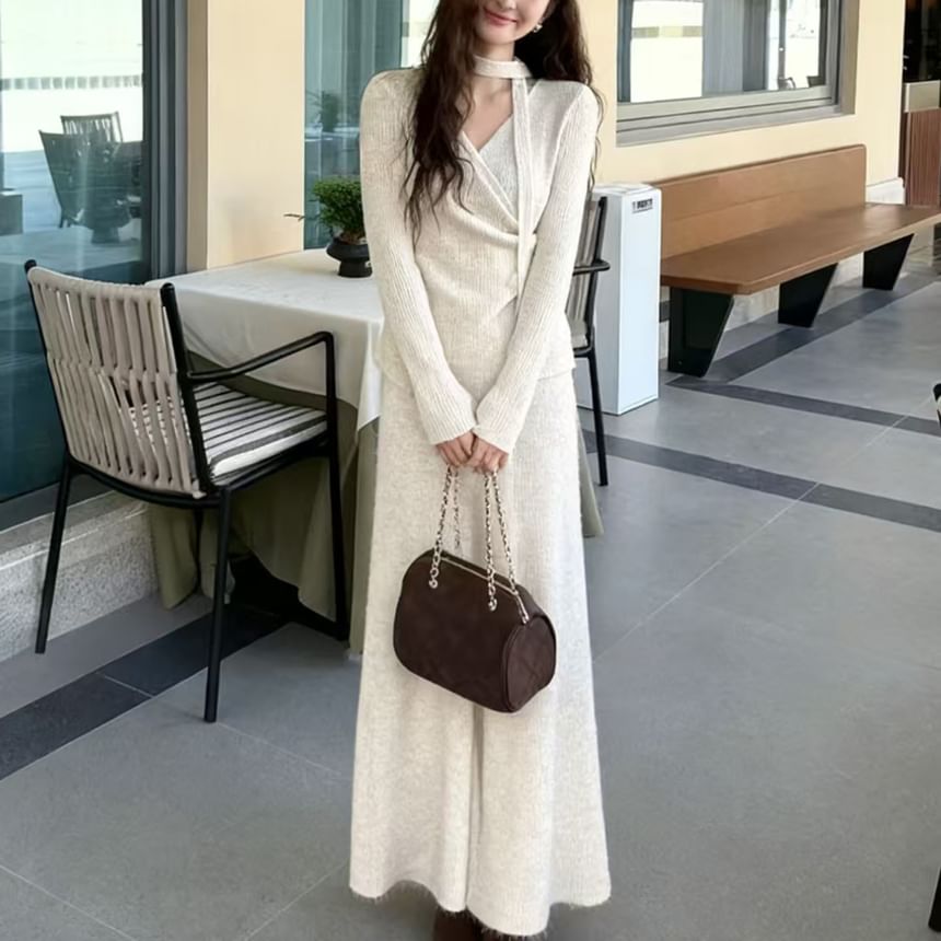 V-Neck Knit Top and Maxi A-Line Skirt Set with Scarf