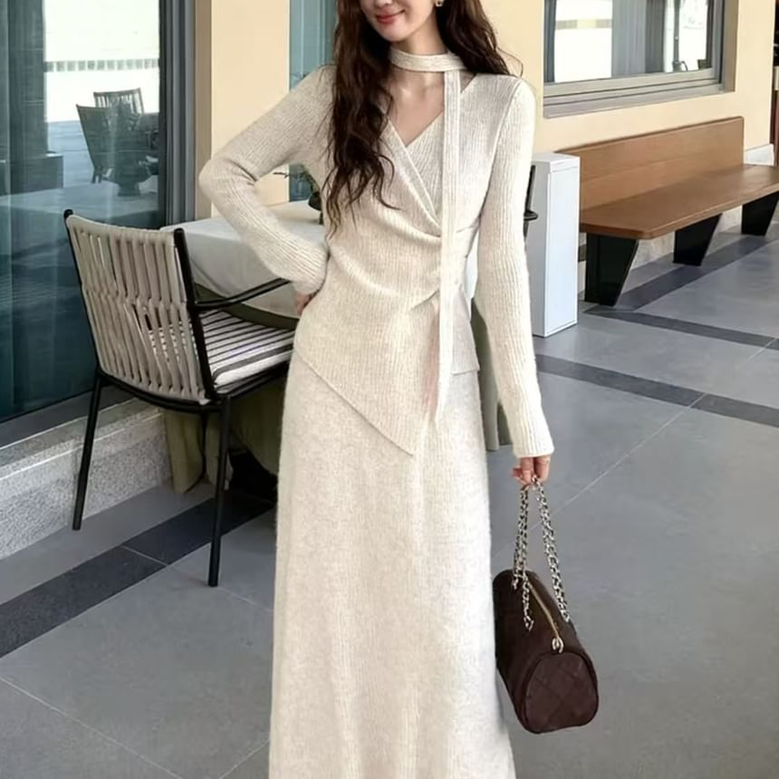 V-Neck Knit Top and Maxi A-Line Skirt Set with Scarf