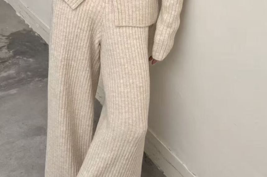 Wide-Collar Slit Knit Top Paired with Wide-Leg Trousers