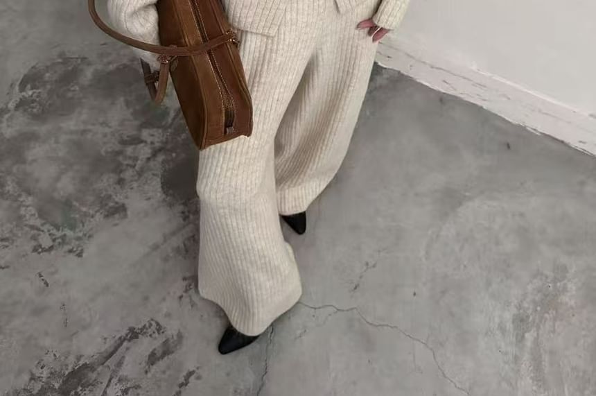 Wide-Collar Slit Knit Top Paired with Wide-Leg Trousers