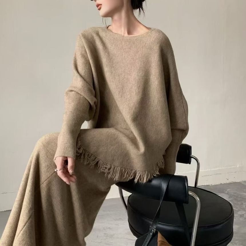 Boat-Neck Fringed Knit Set with High-Rise Maxi Skirt