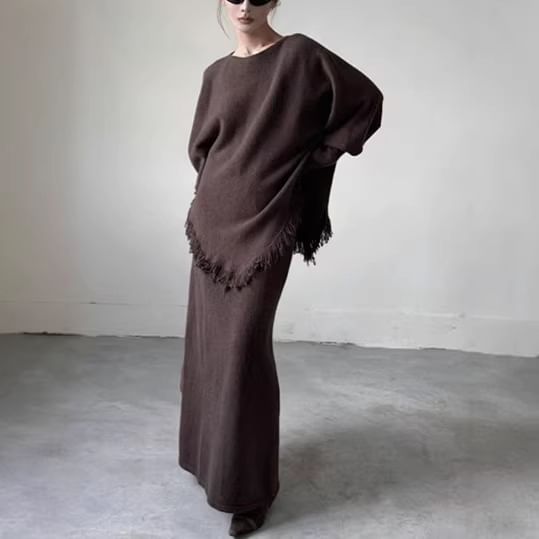 Boat-Neck Fringed Knit Set with High-Rise Maxi Skirt