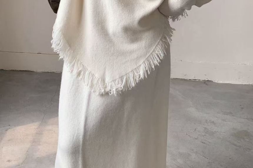 Boat-Neck Fringed Knit Set with High-Rise Maxi Skirt