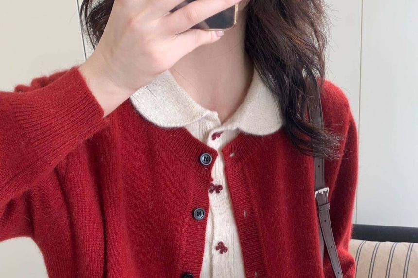 Mock Two-Piece Peter Pan Collar Two Tone Button-Up Cardigan